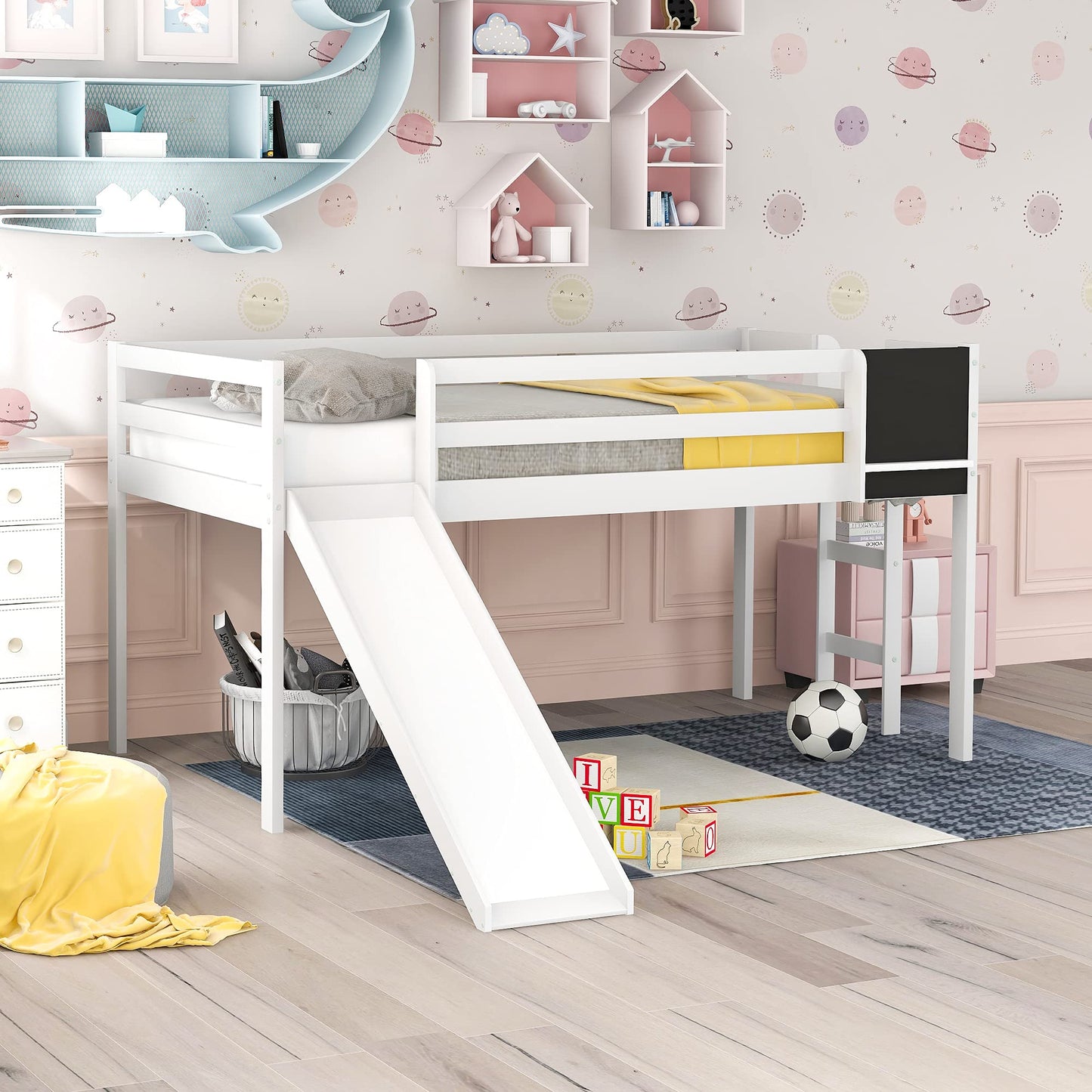 Twin Size Low Loft Bed with Slide,Kids Loft Bed with Chalkboard and Ladder,Wood Low Loft Bed Twin Size for Girls Boys,White