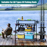 TC-HOMENY Large Fishing Rod Holders for Garage Fits for 12 Rods, 4-Tier Fishing Pole Rack Cart with Enlarged Shelves, Fishing Gear Tackle Organizer Storage Cart with Wheels for Garage, Outdoor, Black TC-HOMENY