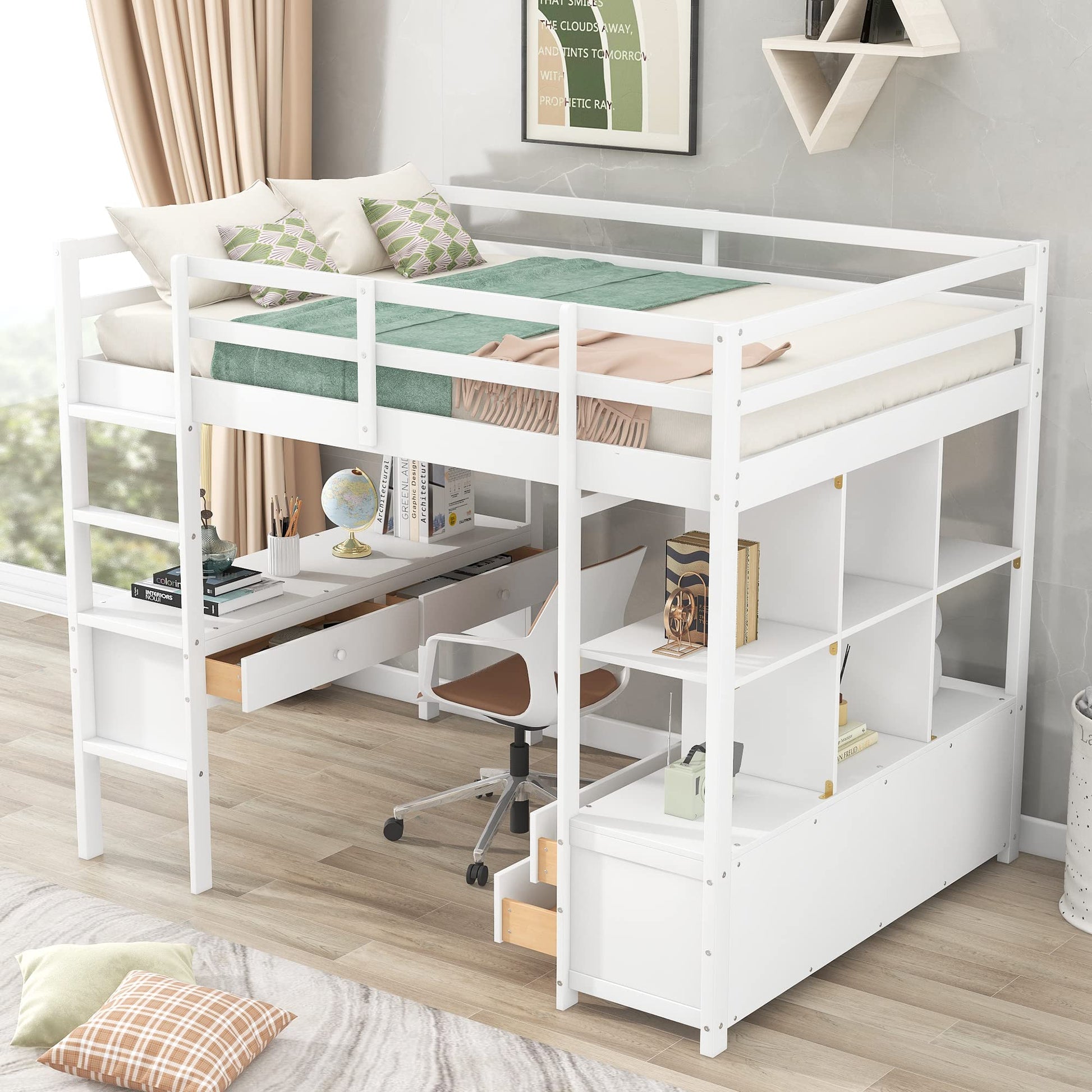 Multifunctional White Loft Bed with Desk, Storage, and Bookshelf by Harper & Bright Designs - WoodArtSupply