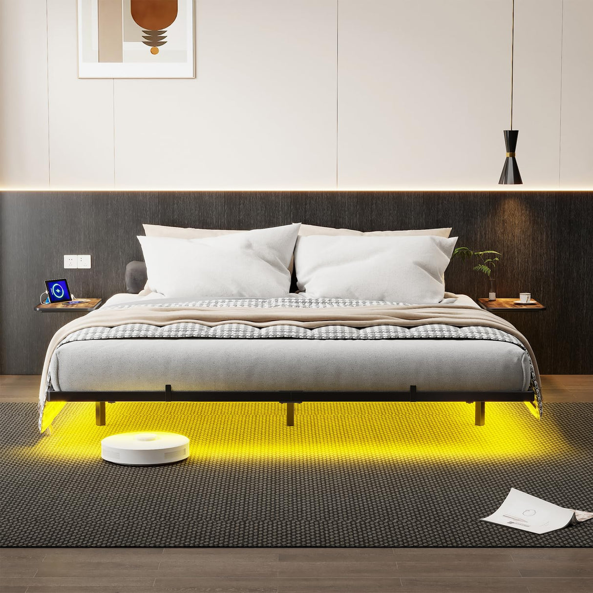 Bigu Floating Bed Frame with LED Lights Metal Platform with 2 Bedside Tables and Charging Station, Queen Bigu