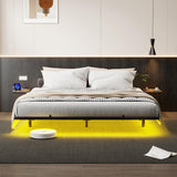 Bigu Floating Bed Frame with LED Lights Metal Platform with 2 Bedside Tables and Charging Station, Queen Bigu