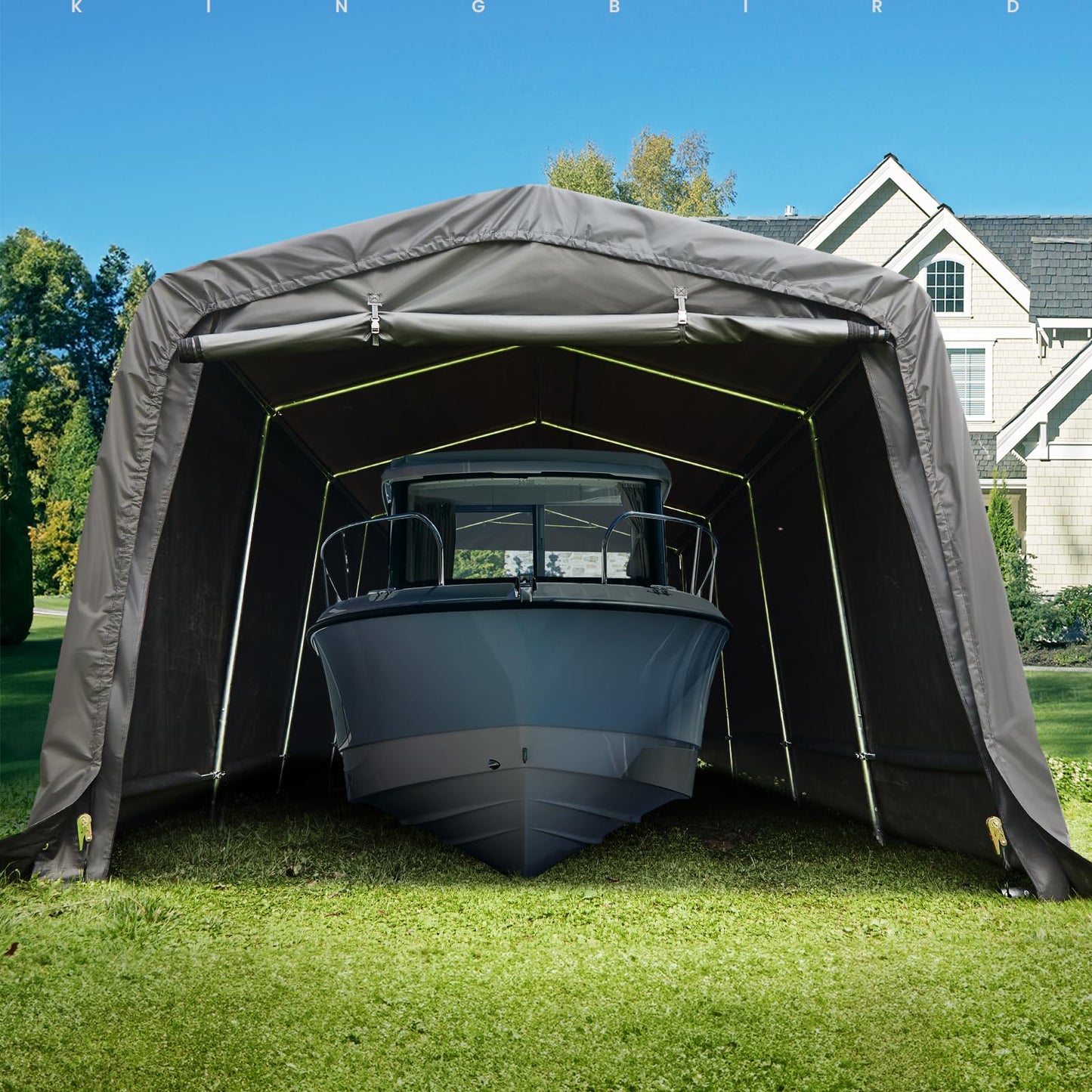 KING BIRD 10' x 20' Heavy Duty Anti-Snow Carport Car Canopy Peak Style Roof Outdoor Instant Garage with Reinforced Ground Bars - WoodArtSupply