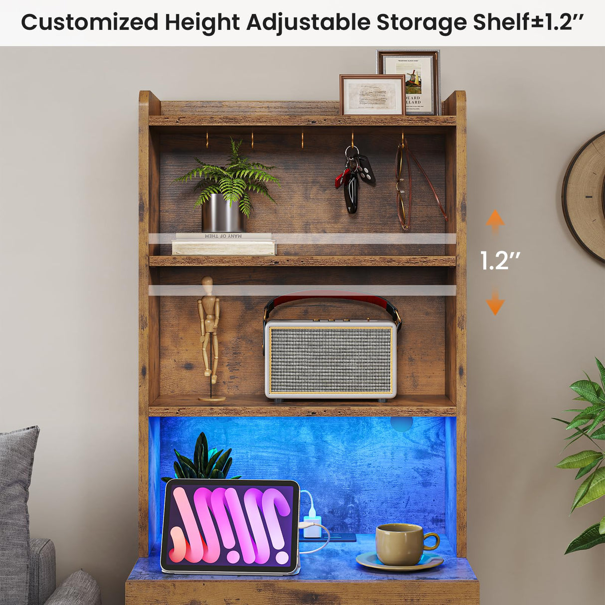 VIAGDO Tall Nightstand Set of 2 with Charging Station and LED Lights, Rustic Brown Night Stand Set 2 with Bookshelf, Modern LED Bedside Tables with 3 Drawers and Storage Shelves, Side Tables Bedroom VIAGDO