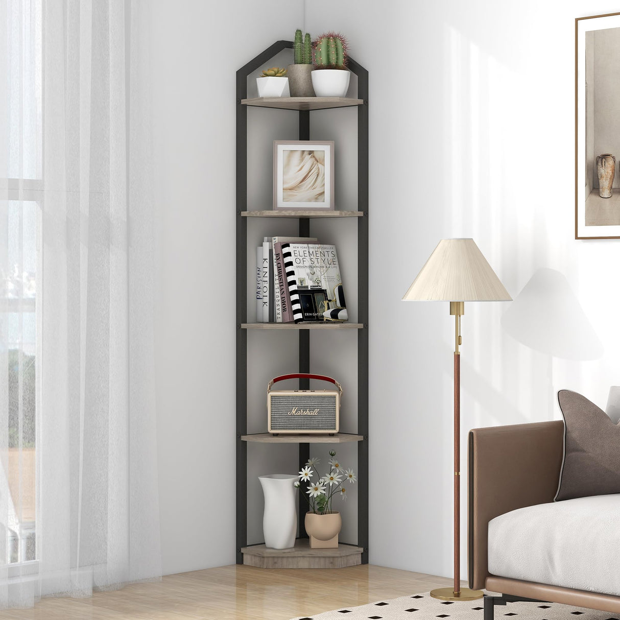 Fun Memories 5 Tier Corner Shelf, 70” Corner Shelf Stand, Corner Bookshelf Plant Stand, Storage Shelf for Bathroom, Living Room, Kitchen,Grey Home Office, Grey Fun Memories