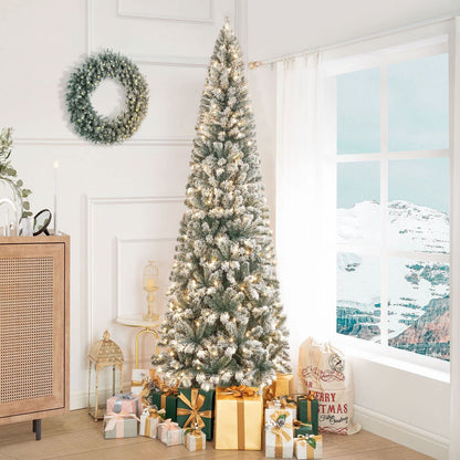 Salzburg 9ft Frosted Prelit Slim Artificial Christmas Tree with 1455 Branch Tips, 500 Warm Lights and Metal Stand, 37" Wide Realistic Snow Flocked Skinny Pencil Christmas Tree by Naomi Home