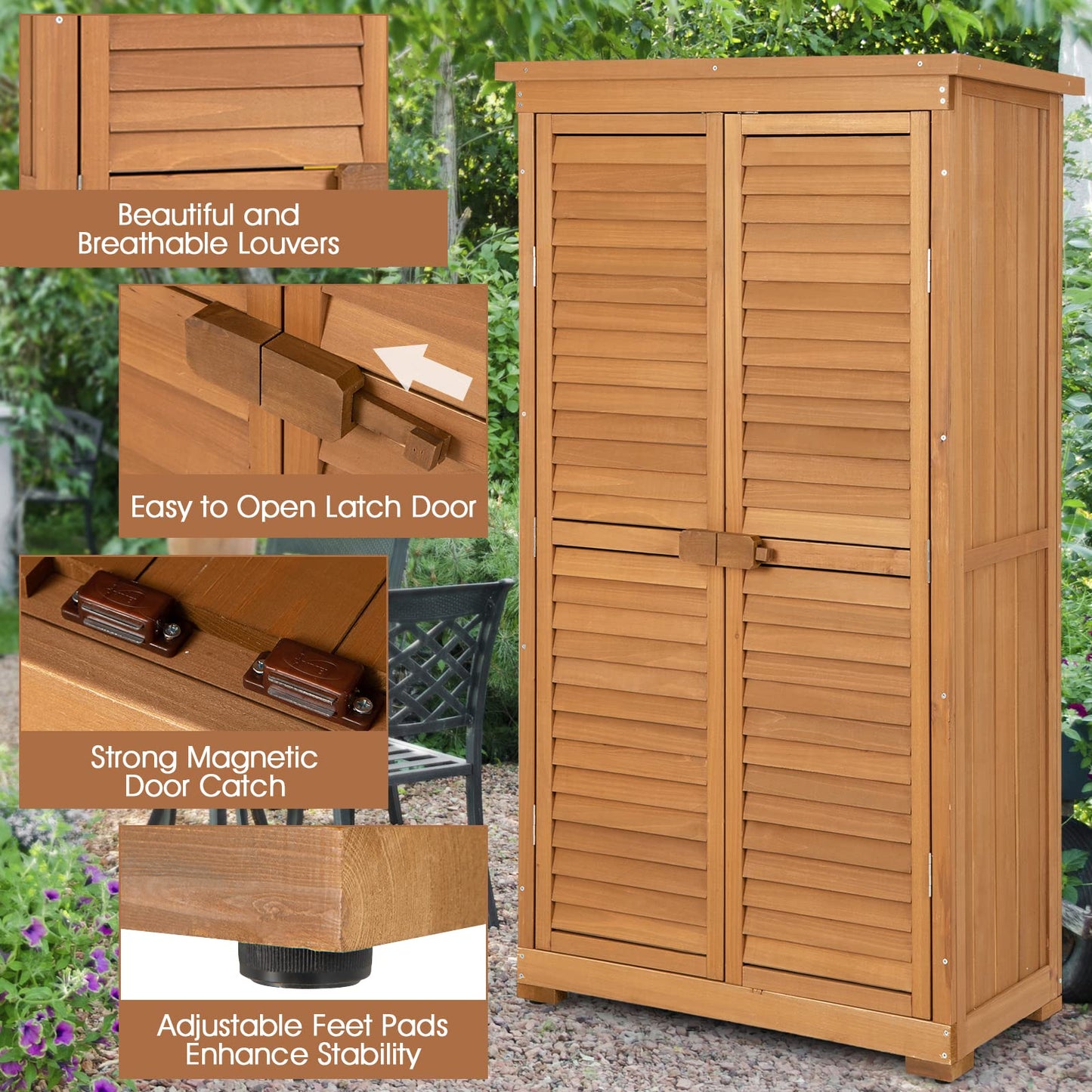 Goplus Outdoor Storage Cabinet, 63" Wood Garden Tool Shed with Double Lockable Doors, 3 Shelves and Asphalt Roof, Multipurpose Storage Shed for Patio Lawn Garden Yard, Natural