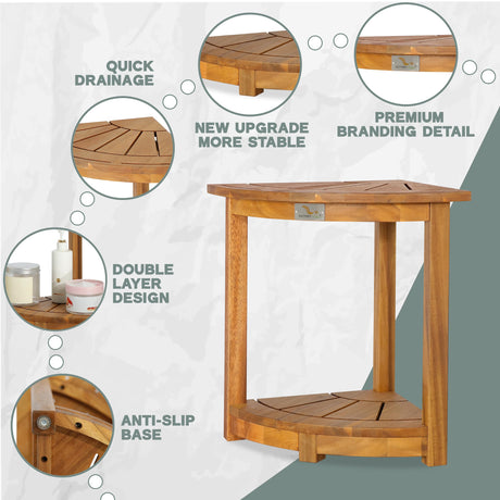 VICTORY RELAX Acacia Corner Shower Stool, Waterproof Spa Foot Rest & Bath Bench with Storage Shelf & Soap Dish, Ideal for Bathroom, Shaving Legs, or as Small Corner Table/Step Stool (Natural) VICTORY RELAX