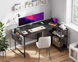 ODK 48 Inch Small L Shaped Gaming Computer Desk with Power Outlets, Reversible Storage Shelves & PC Stand for Home Office, Simple Writing Study Table with Storage Bag for Small Space, Black ODK