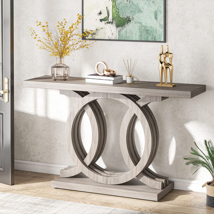 Tribesigns 55 inches Console Table with Geometric Base, Farmhouse Hallway Table, Wooden Entryway Table, Vintage Sofa Table, Unique Long Accent Table for Decoration and Organization (Grey)