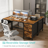 Lufeiya Computer Desk with Fabric File Drawers Cabinet, 55 Inch Home Office Desks with Filing Cabinet for Small Space, Study Writing Table PC Desks with Storage for Bedroom, Rustic Brown Lufeiya