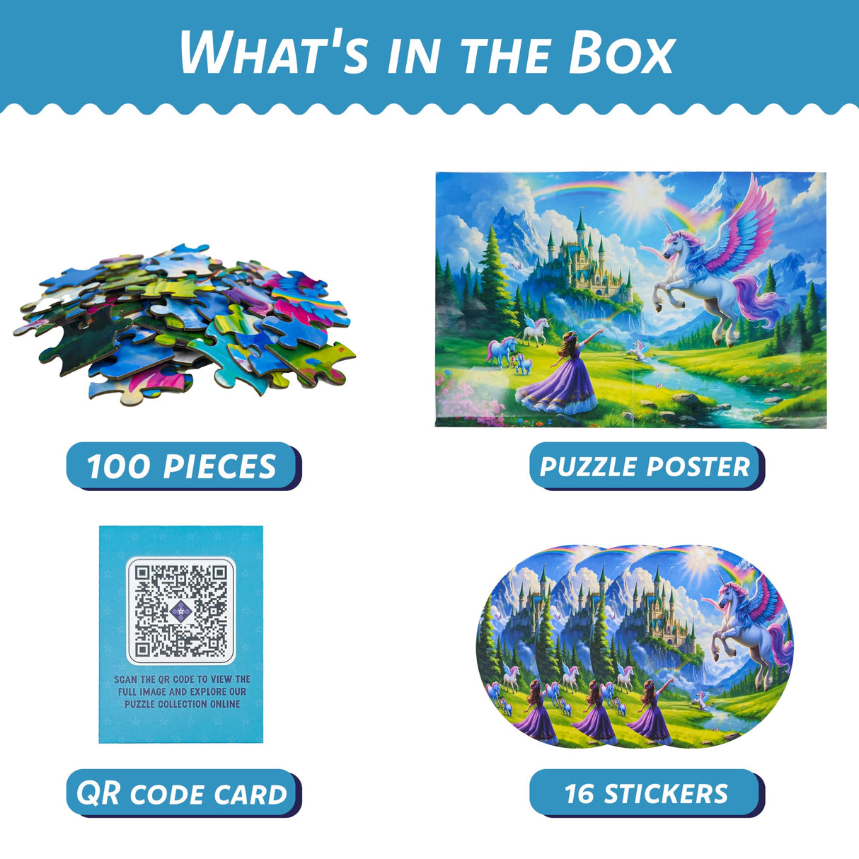 Princess of Unicorn Kingdom 100 Piece Puzzle + Bonus 16 Stickers for Kids 4-8 8-10 - Puzzles for Children and Adults - Learning Educational Toys Birthday Gifts for Girls Jigsaw Puzzles PuzzWiz