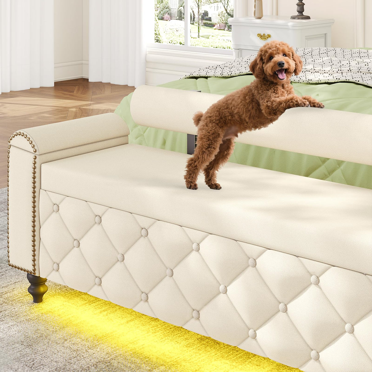 51" Ottoman with Storage, Storage Ottoman Bench with Upholstered Backrest, Tufted Entryway Bench with Curved Arm Support, End of Bed Bench with LED Lights, Storage Bench for Bedroom,Living Room,Beige Tagafi