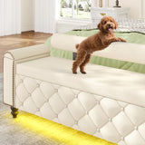 51" Ottoman with Storage, Storage Ottoman Bench with Upholstered Backrest, Tufted Entryway Bench with Curved Arm Support, End of Bed Bench with LED Lights, Storage Bench for Bedroom,Living Room,Beige Tagafi