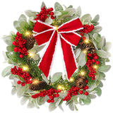 N&T NIETING 20 in Artificial Christmas Wreath for Front Door, Pre-lit Wreaths with Red Bow, Outdoor Christmas Wreaths with Lights Wreath Decorations for Kitchen Wall Home Holiday Xmas Decor N&T NIETING