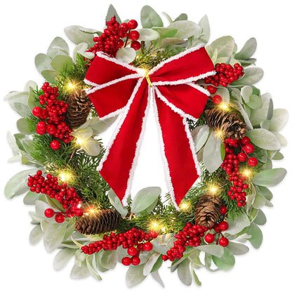 N&T NIETING 20 in Artificial Christmas Wreath for Front Door, Pre-lit Wreaths with Red Bow, Outdoor Christmas Wreaths with Lights Wreath Decorations for Kitchen Wall Home Holiday Xmas Decor