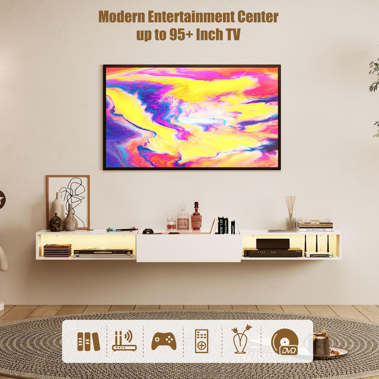 HedoAjim LED Floating TV Stand for 65 70 75 78 88 95+ inch TV, Entertainment Center with Light and Storage Cabinet Media TV Console Shelf for Wall for Living Room Bedroom (White with Led Lights) HedoAjim