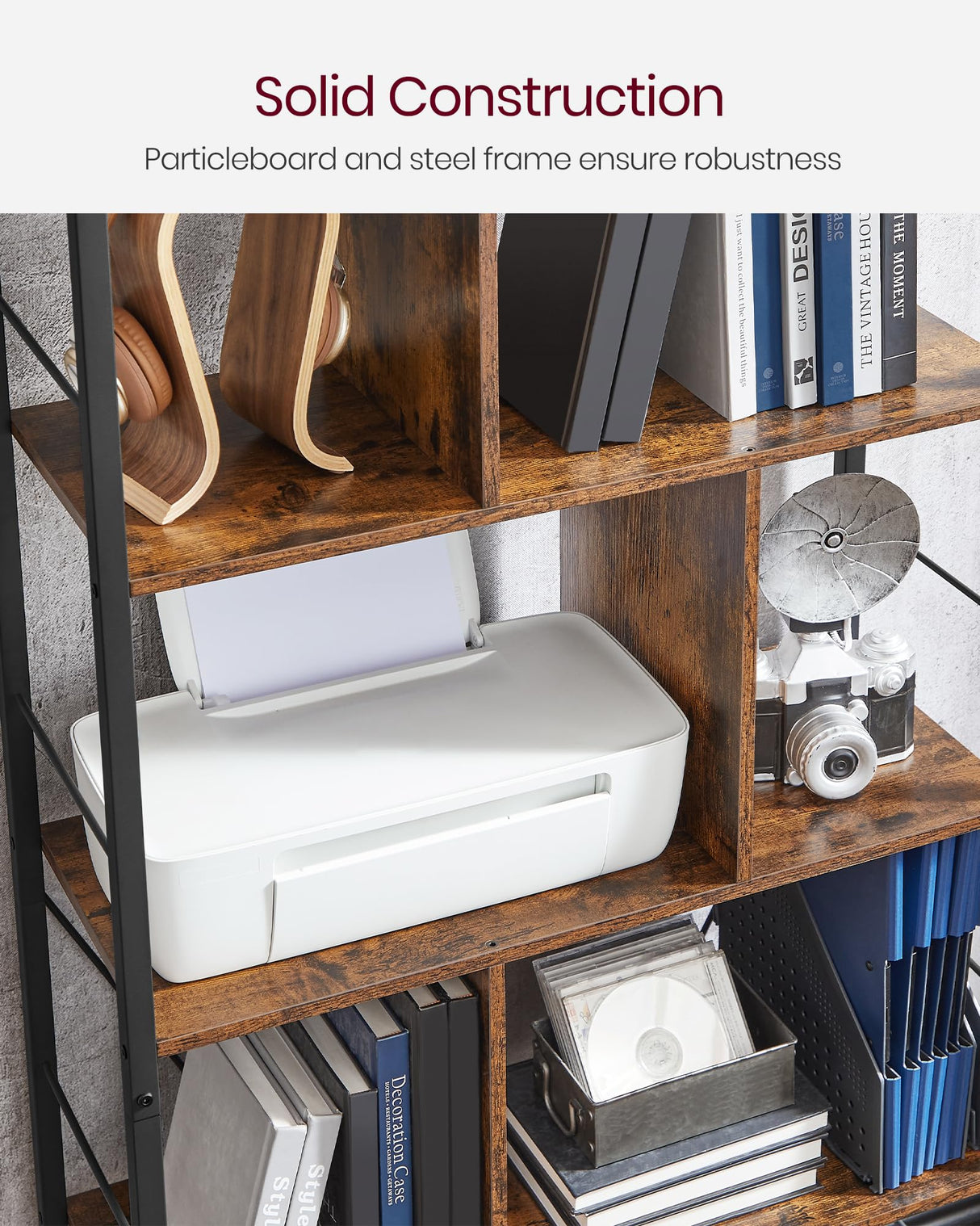 VASAGLE Bookshelf, 5-Tier Bookcase, Storage Shelving Unit, Display Shelf with Open Compartments for Living Room, Home Office, Bedroom, Industrial, Rustic Brown and Black ULBC121B01 VASAGLE