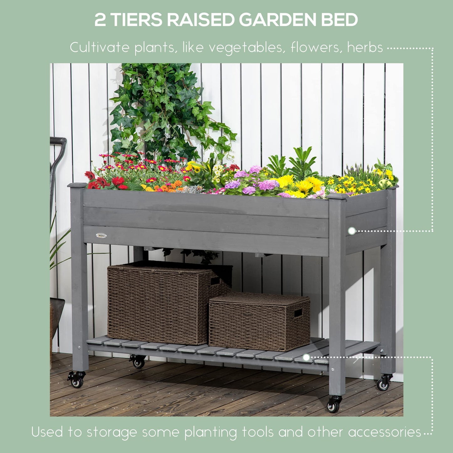 Outsunny Raised Garden Bed, 47" x 22" x 33", Elevated Wooden Planter Box w/Lockable Wheels, Storage Shelf, and Bed Liner for Backyard, Patio, Dark Gray