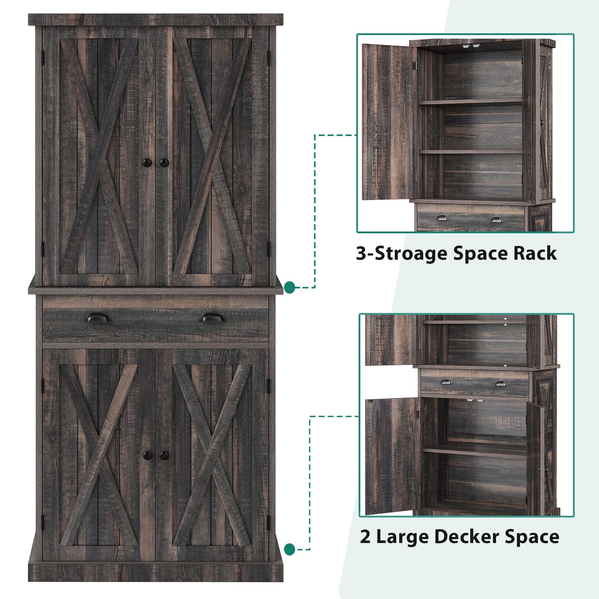 YITAHOME 72'' Tall Kitchen Pantry Cabinets, Farmhouse Storage Cabinets with Barn Doors, Drawer ＆ Adjustable Shelves, Rustic Wood Cupboard for Dining Room, Living Room, Gray Rustic YITAHOME