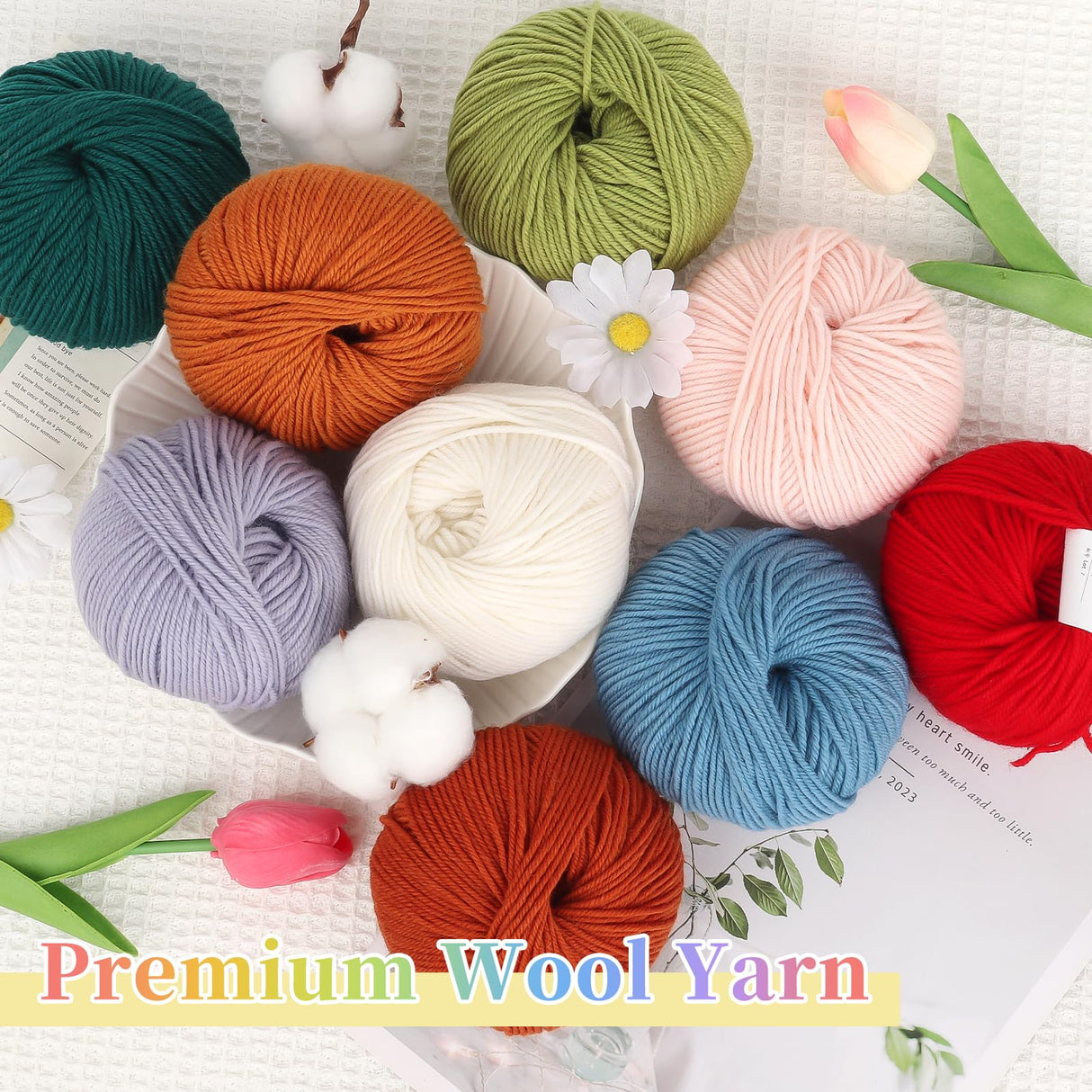 Coopay Yarn for Crocheting, 12 Premium Wool Yarns - 98% Wool 2% Cotton, 1.76oz, 164yds - Crochet Yarn for Clothes, Scarves, Blankets, Shawls (Multicolor) Coopay