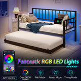 Jocisland DayBed with Charging Station and LED Lights, Metal Twin Daybed with Trundle, Versatile Sofa Bed Frame with Steel Slat Support for Living Room, Bedroom, Guest Room (Pure Black) Jocisland