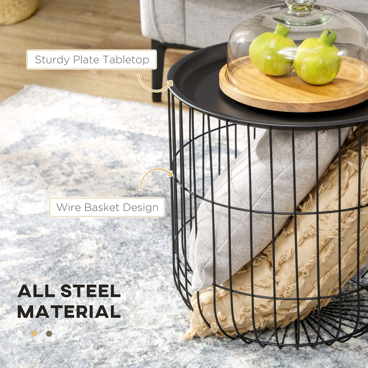 HOMCOM Nesting Coffee Tables, Round Coffee Table Set of 2 with Steel Wired Basket Body and Removable Top, Stacking End Tables Blanket Storage for Living Room, Black HOMCOM