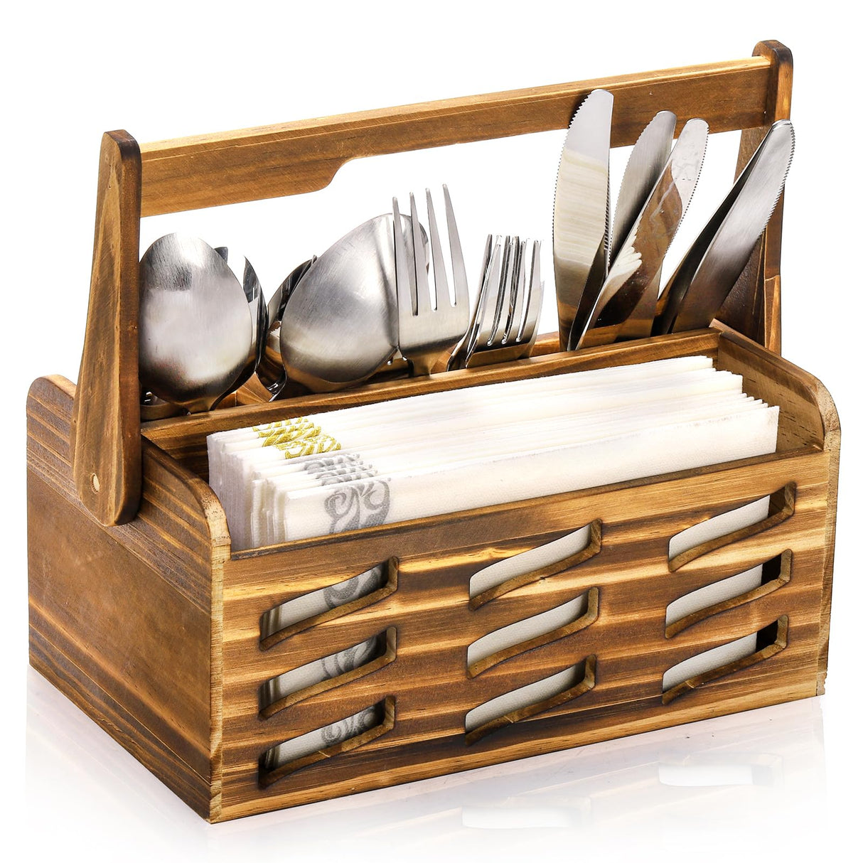 Noamus Silverware Caddy with Handle, 4 Compartments Wooden Flatware Utensil Holder, Cutlery Organizer Napkin Storage for Countertop, Kitchen Bathroom Bedroom, Farmhouse Decor, Party Camping Picnic Noamus