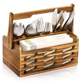 Noamus Silverware Caddy with Handle, 4 Compartments Wooden Flatware Utensil Holder, Cutlery Organizer Napkin Storage for Countertop, Kitchen Bathroom Bedroom, Farmhouse Decor, Party Camping Picnic Noamus