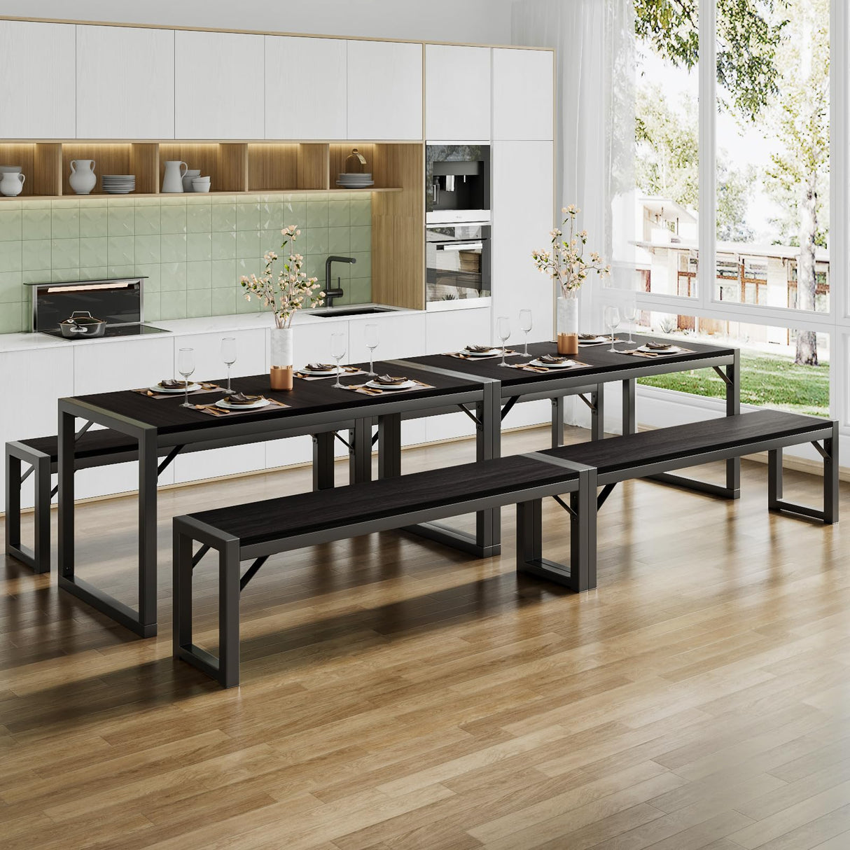 SHA CERLIN Kitchen Dining Table Set for 4 with Benches, Rustic Small Space Saving Dinette, Heavy Duty Metal Frame SHA CERLIN