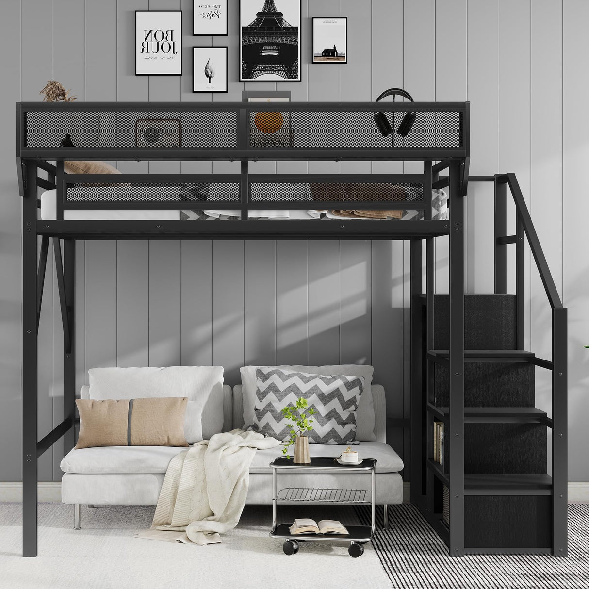Mirightone Full Size Loft Bed with Stairs, Metal Loft Beds, High Loft Bed Frame with Storage Shelves, Lofted Full Bed with Wardrobe for Kids and Teens, No Box Spring Needed (Black) Mirightone