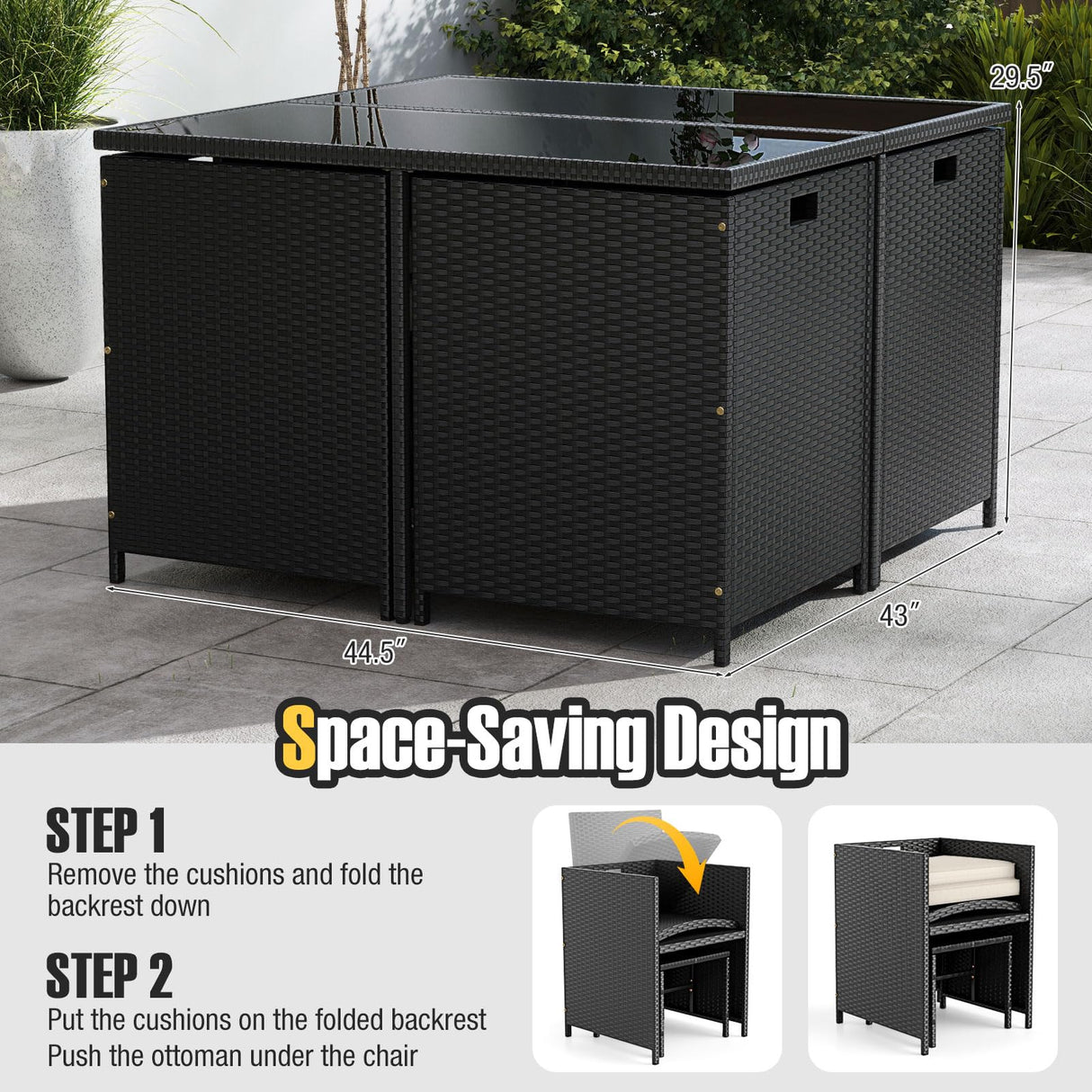 Tangkula 9 Piece Patio Dining Set, Rattan Chairs with Tempered Glass Table & Ottoman, Space Saving Wicker Sectional Conversation Set with Removable Cushions, Outdoor Furniture for Backyard Garden Deck Tangkula