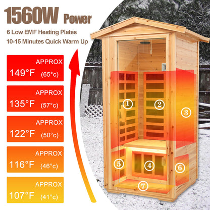 Outdoor Sauna 1 Person, Low EMF Infrared Sauna, Home Sauna, Bluetooth, LCD Control Panel, Chromotherapy and Reading Lights, 1560W (Outdoor Sauna 1 Person/Hemlock)