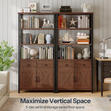 HOOBRO Bookshelf with Doors, Rustic Bookshelf with Drawers, Industrial Display Standing Shelf Units, Wooden and Metal Storage Shelf for Living Room, Home Office, Dining Room, Walnut and Black BH75SJ01 HOOBRO