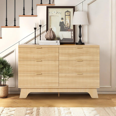 Garvee 6 Drawer Dresser for Bedroom, 47" Wide Mid Century Modern Dresser with Gold Handle, Fluted Dressers Chest of Drawers, TV Stand,Storage Organizer for Living Room,Hallway,Entryway,Oak Garvee