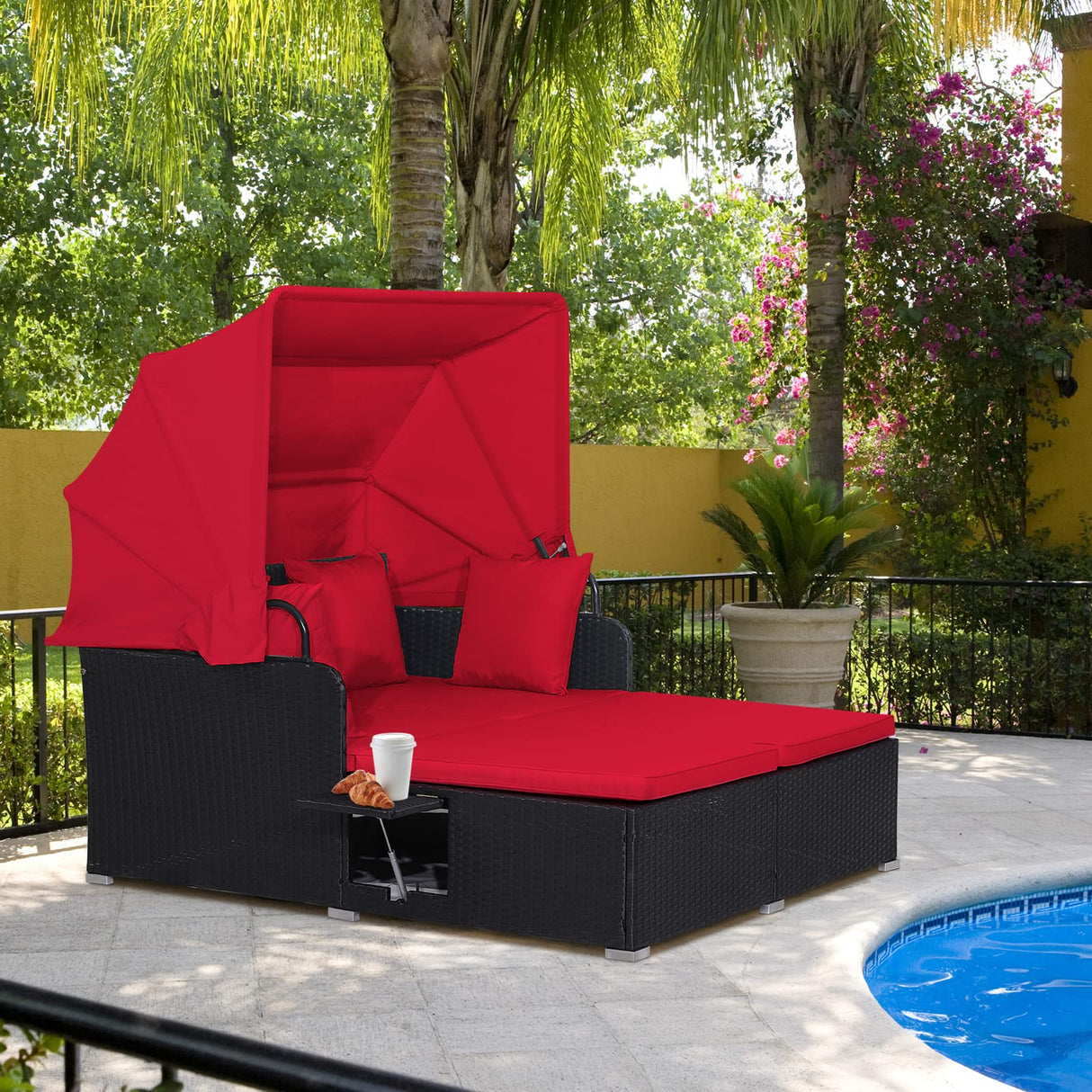 RELAX4LIFE Patio Outdoor Daybed with Canopy, Wicker Sunbed w/Cushions, 4 Pillows & 2 Retractable Side Trays, 2-Person Lounge Bed Conversation for Poolside Porch Garden, Rattan Outdoor Bed (Red) RELAX4LIFE