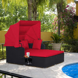 RELAX4LIFE Patio Outdoor Daybed with Canopy, Wicker Sunbed w/Cushions, 4 Pillows & 2 Retractable Side Trays, 2-Person Lounge Bed Conversation for Poolside Porch Garden, Rattan Outdoor Bed (Red) RELAX4LIFE