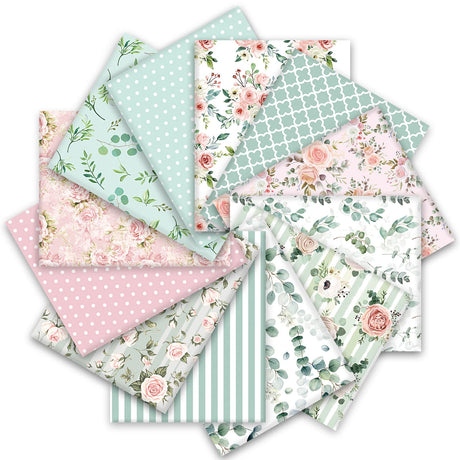 Whaline 12Pcs Floral Cotton Fabric Bundles 10 x 10 Inch Floral Greenery Printed Fat Quarters Pink Green Retro Quilting Patchwork for Spring DIY Handmade Crafting Home Party Decor Whaline