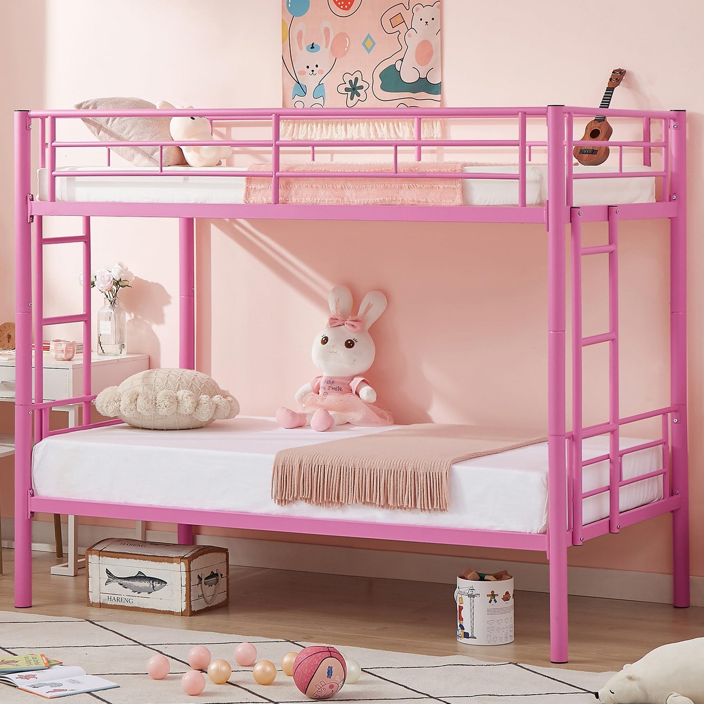 VECELO Bunk Bed Twin Over Twin, Metal Bunkbeds with Ladder and Full-Length Guardrail, No Box Spring Needed, Space Saving, Noise Free, Pink