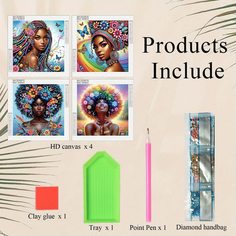 4pcs DIY Diamond Art Painting Kit- African American beauties, 5D Diamond Art Crafts, Suitable for Beginners, Suitable for Home, Art Wall, and Festival Party Decoration, Creative Home Decoration Gifts MVVMTOP