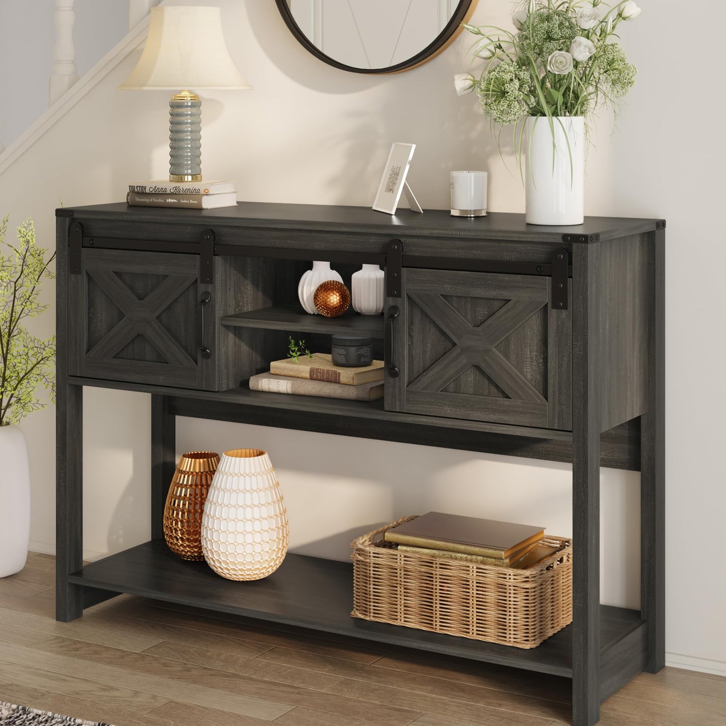 RoyalCraft Farmhouse Entryway Table with Storage, 46" Console Table with Sliding Barn Door, Wood Rustic Sofa Table with Adjustable Shelf for Hallway, Living Room, Foyer, Dark Grey - WoodArtSupply