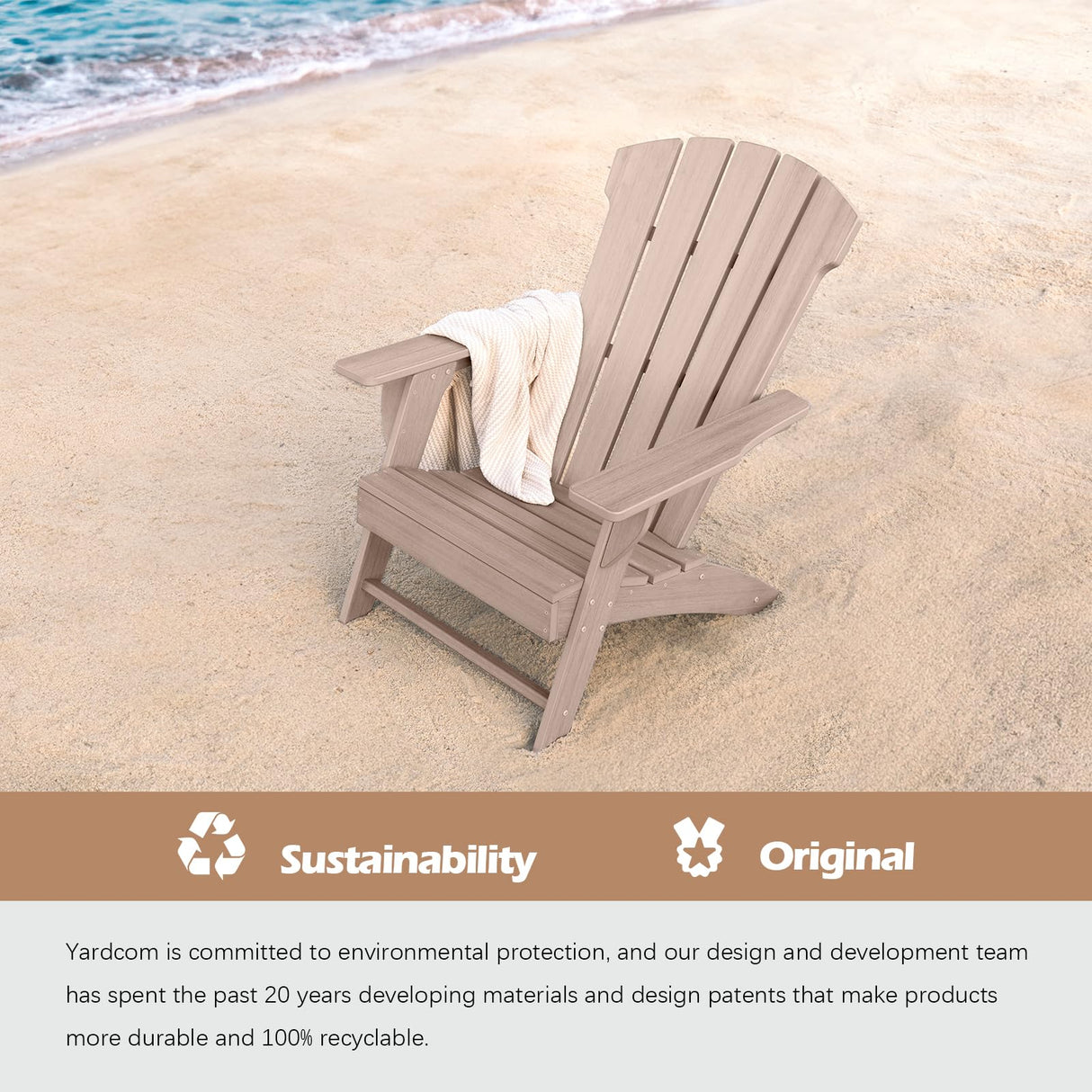 YARDCOM Adirondack Chair, 110°Ergonomics Plastic Extra Tall Adirondack Chairs, HDPE All-Weather Plastic Patio Outdoor Chair, High Foamed Polyethylene Fire Pit Chair(Natural) YARDCOM