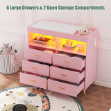GarveeHome Dresser for Bedroom with 6 Drawers, Baby Changing Table Dresser with Changing Pad, LED Lights & Charging Station, Baby Changing Station with Changing Table Top, Pink GarveeHome