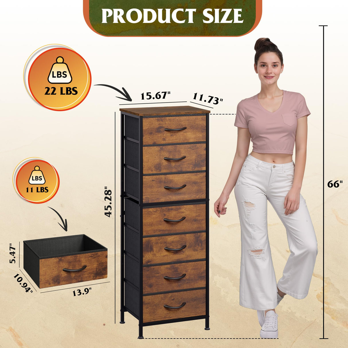 WLIVE Tall Dresser for Bedroom, 7 Drawer Dressers & Chests of Drawers, Fabric Dresser for Closet, Night Stand with Metal Frame, Storage Tower with Fabric Bins, Wood Top, Rustic Brown Wood Grain Print WLIVE
