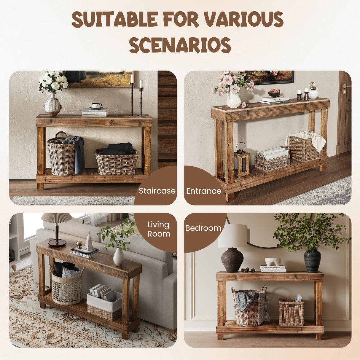 SMARTSTANDARD 46-Inch Long Console Table, Farmhouse Console Sofa Table, Solid Wood Entryway Table for Hallway, Living Room, Entrance, 2 Tiers, Easy Assembly, Natural Brown SMARTSTANDARD