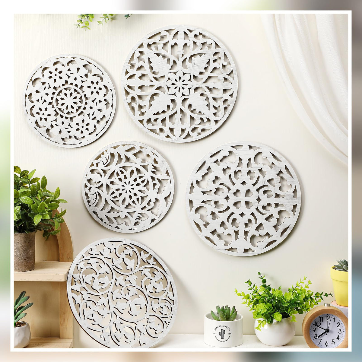 Wonderjune 5 Pcs Rustic Wall Medallion Decor Floral Carved Wood Wall D ...