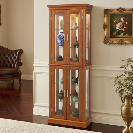 Royard Oaktree Lighted Curio Cabinet Wooden Display Cabinet with Adjustable Tempered Glass Shelves Vintage Accent Storage Cabinet with Mirrored Back & Tempered Glass Doors, Oak Royard Oaktree