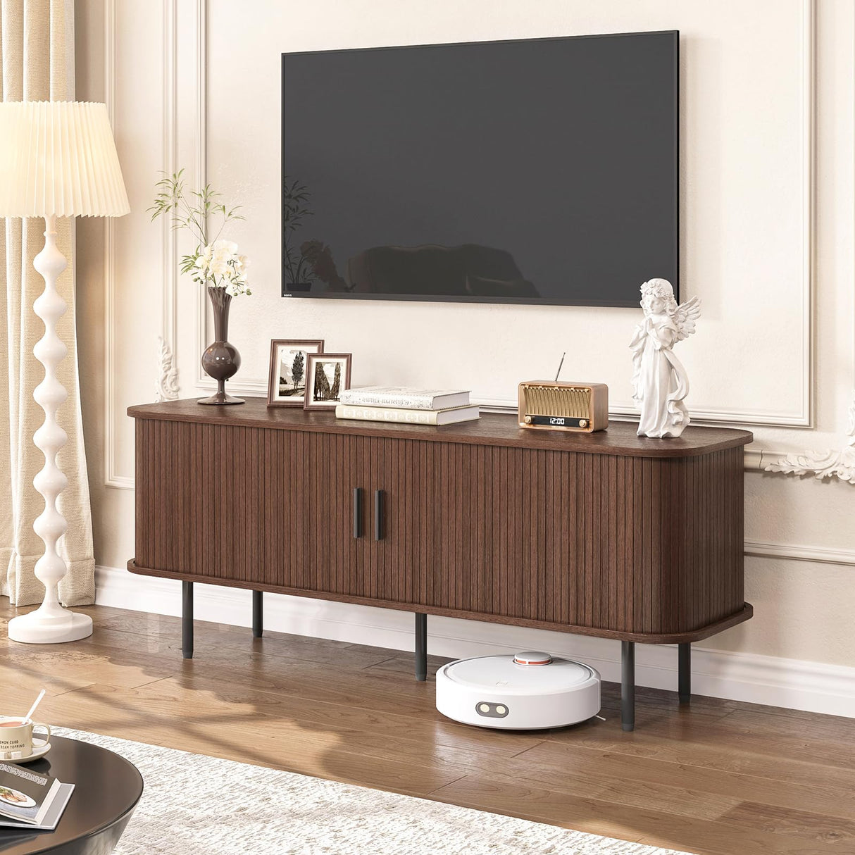 FiveWillowise 55" Mid Century Modern Fluted TV Stand for TVs up to 65 Inch, Gaming Entertainment Center with Tambour Slatted Sliding Doors, Media TV Consoles Table for Living Room, Walnut FiveWillowise