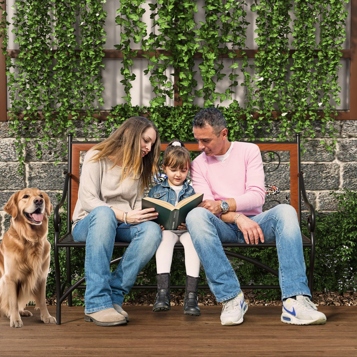 39.7" Outdoor Bench, Garden Bench, Patio Bench with Armrest, Slatted Seat and Butterfly Pattern Backrest for Outside, Front Porch, Park, Lawn, Backyard and Balcony, Cast Iron Metal Frame, Black KINGBO