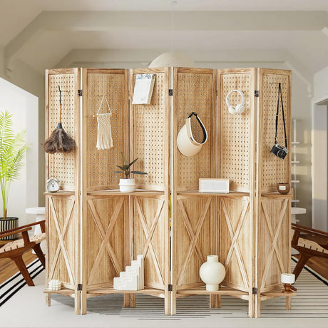 Aletheiawu 6 Panel Room Divider with Shelves, Wooden Pegboard Room Dividers, 5.6Ft Room Partitions and Dividers, Room Divider Panel with 24 Hooks for Bedroom, Study, Shop, Natural Color Aletheiawu