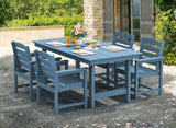 SERWALL 7-Piece Patio Dining Table Sets, Outdoor HDPE Dining Furniture Set with Umbrella Hole Cut-Out Table and 6 Chairs, Blue SERWALL